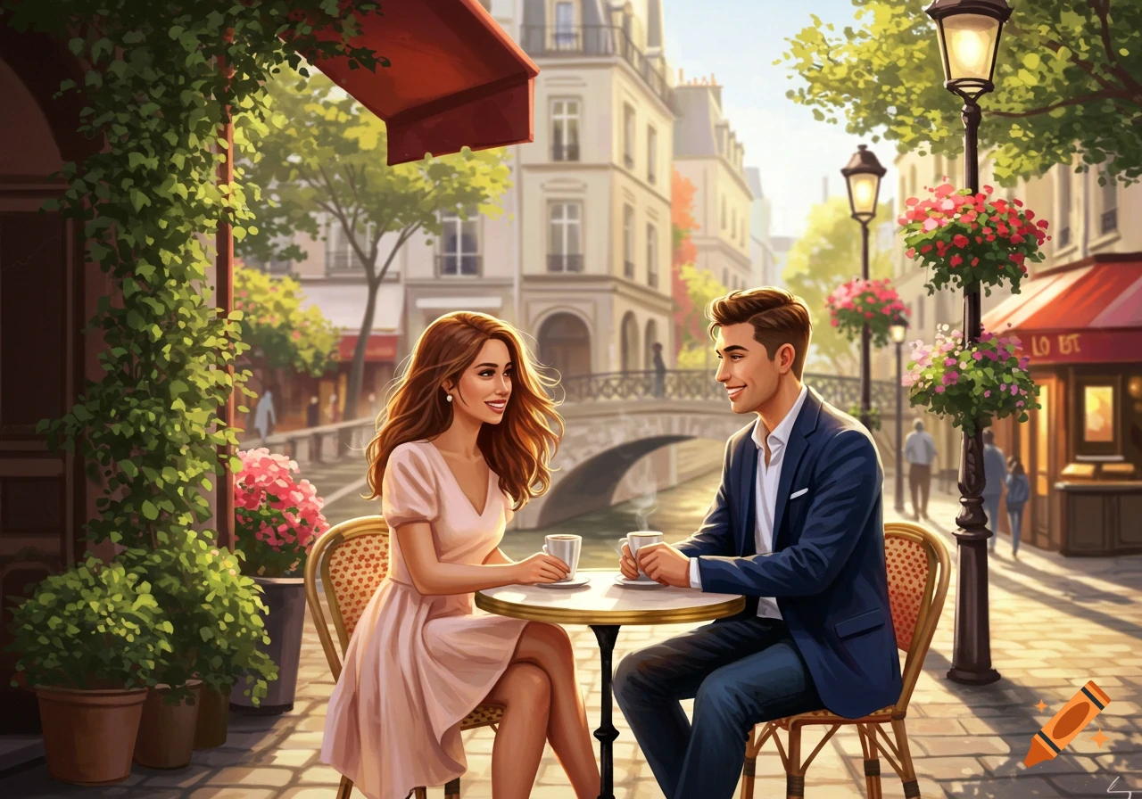 A man and woman smiling at each other over coffee at an outdoor cafe in a European city, with a bridge and buildings in the background. Digital art.