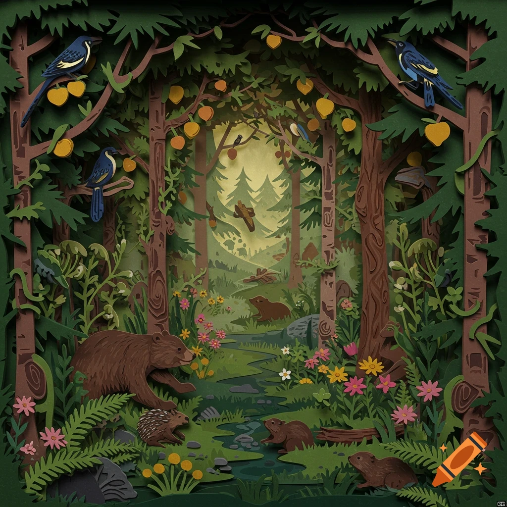 Layered paper-cut forest scene with a bear, porcupine, beavers, and birds among trees, flowers, and a stream.