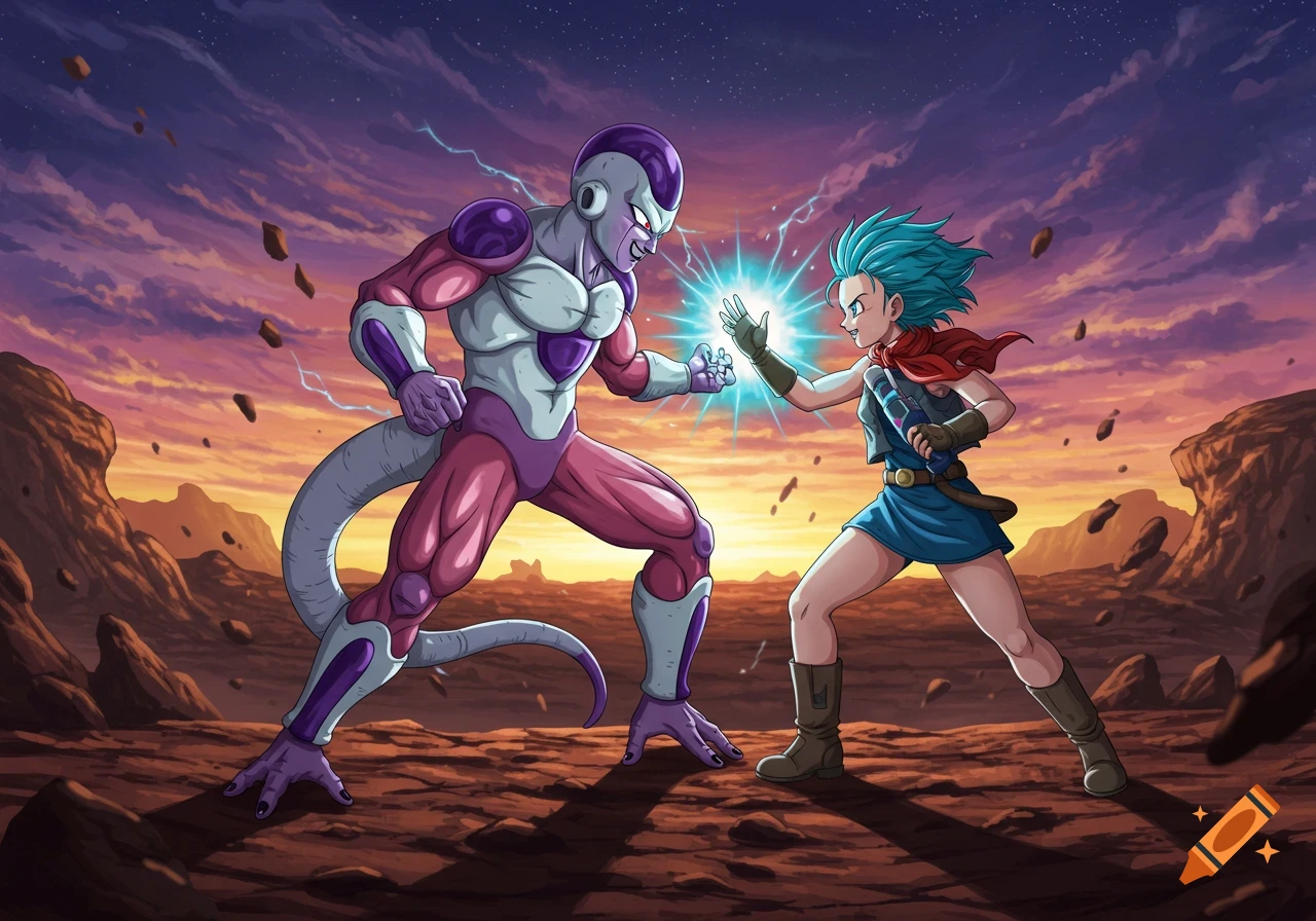 Anime style Frieza facing a blue-haired woman charging an energy blast on a rocky alien planet at sunset.