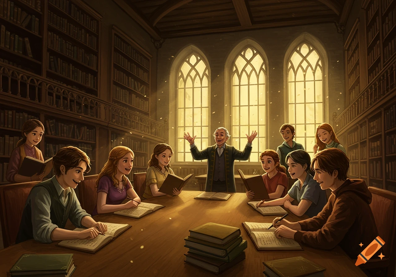 Students and a teacher attend a class in a grand, sunlit library filled with books.