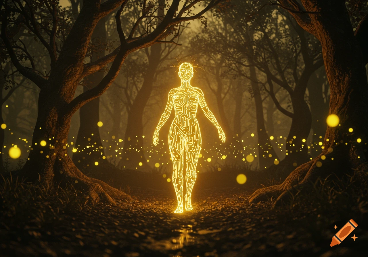 A glowing, circuit-patterned feminine figure stands in a mystical dark forest with golden light and fireflies.