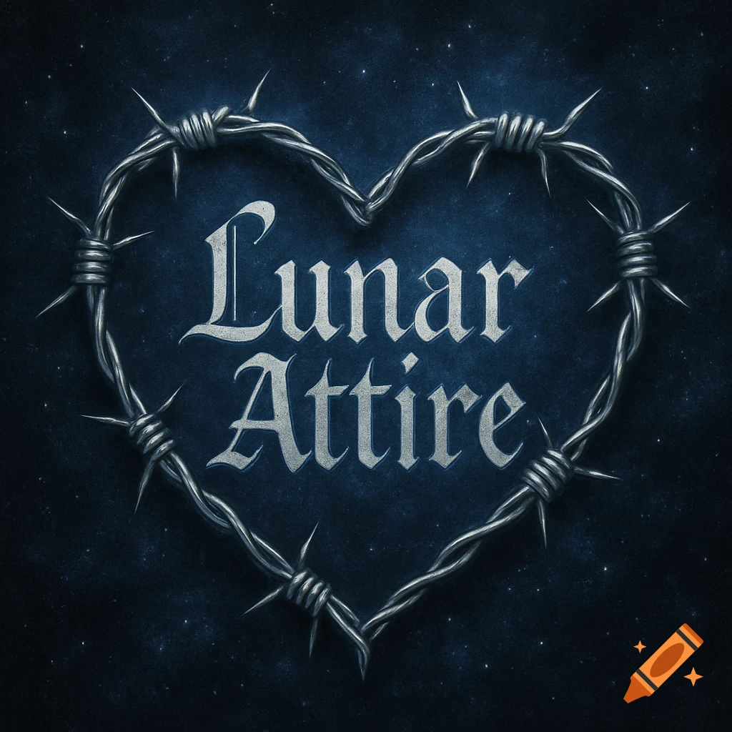A drawing of a heart made from barbed wire, with the words 'Lunar Attire' inside, set against a dark, starry background.