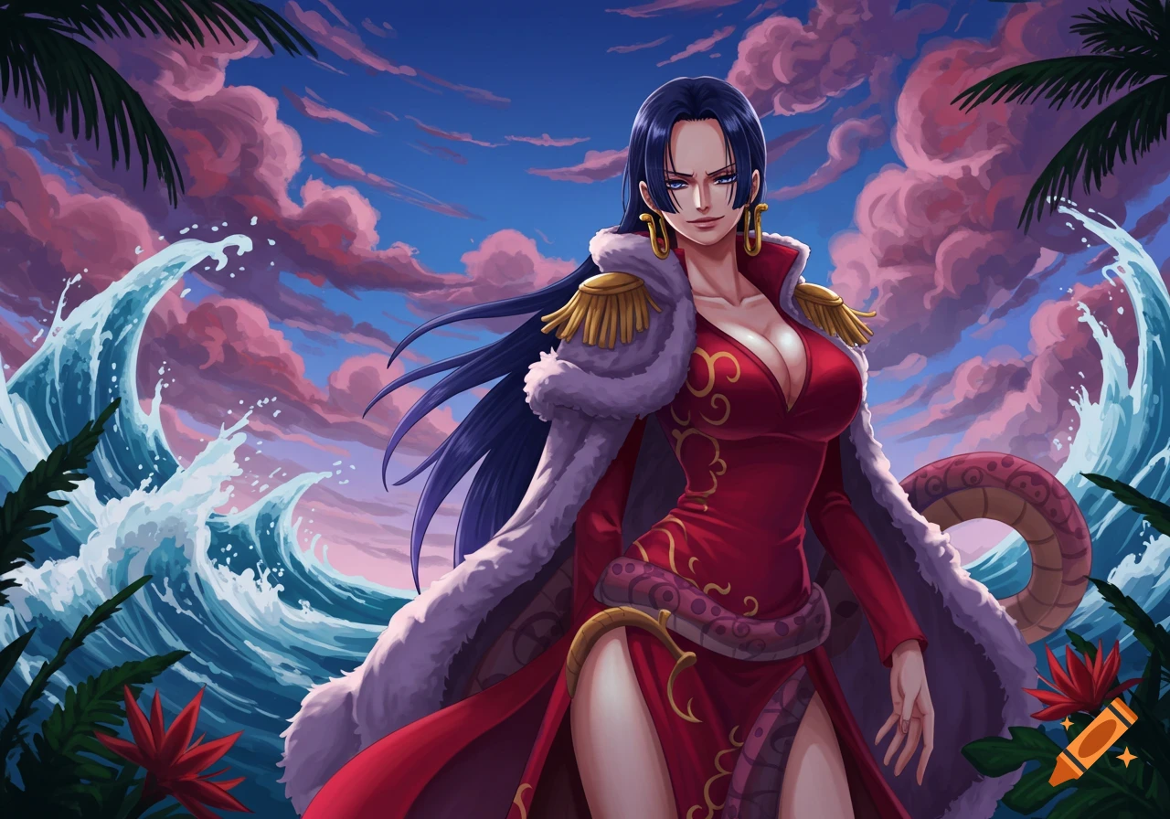 Anime art of Boa Hancock in a red dress and fur cape, standing before crashing waves under a dramatic pink and blue sky.