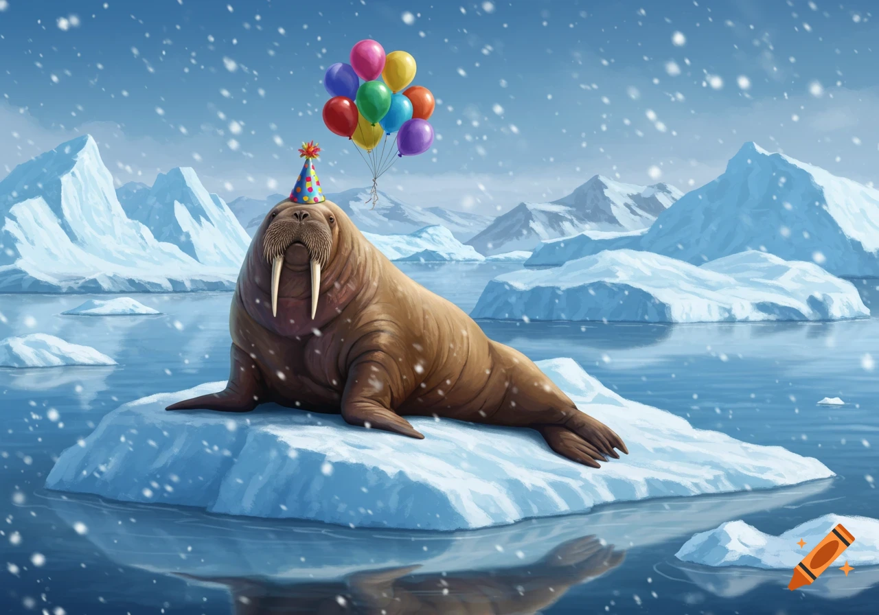 A walrus wearing a colorful party hat sits on an iceberg in a snowy arctic scene, holding a bunch of balloons.