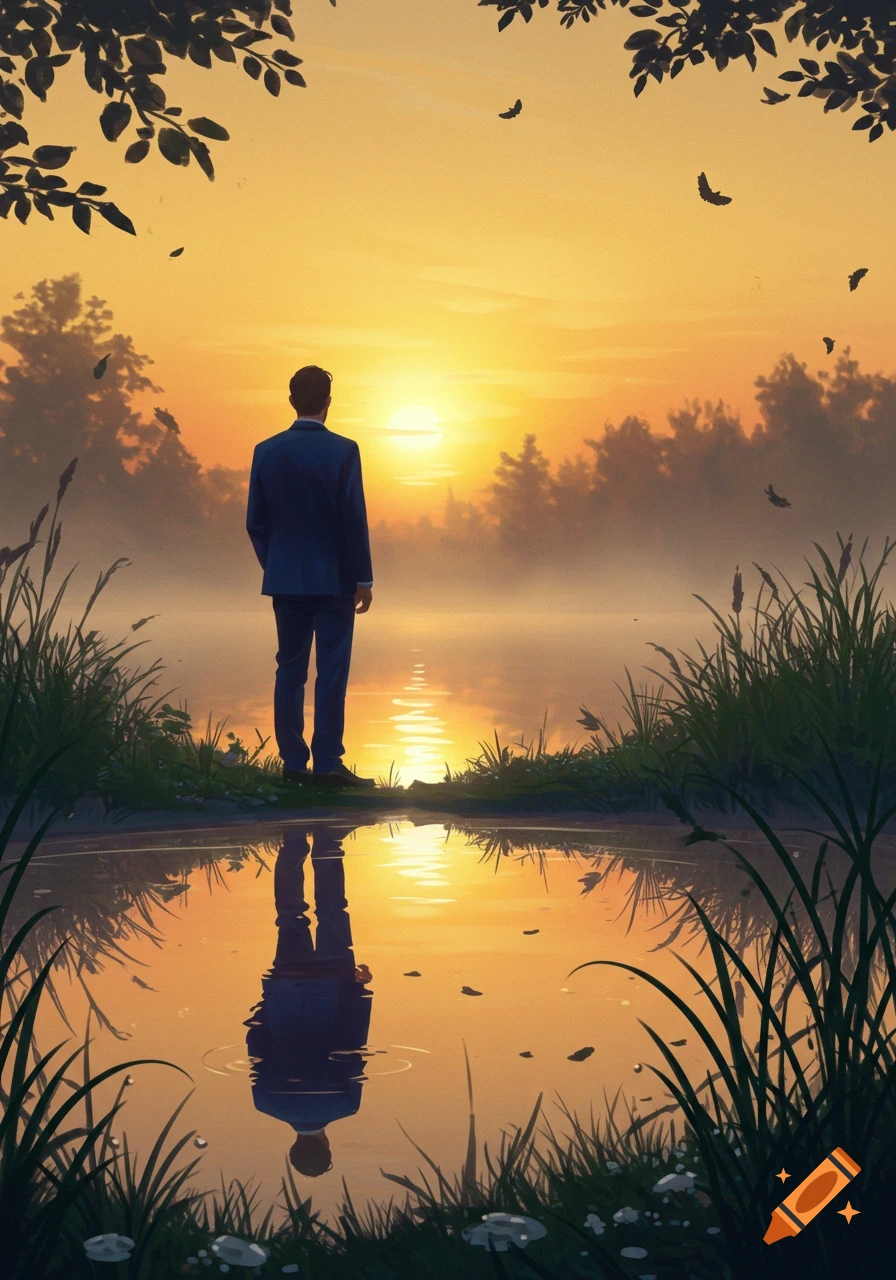 A man in a suit stands by a lake, watching the vibrant orange sunset over a misty forest.