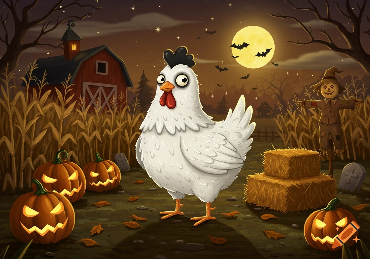 A cartoon white chicken stands in a Halloween farm scene with jack-o'-lanterns, a scarecrow, and a full moon.