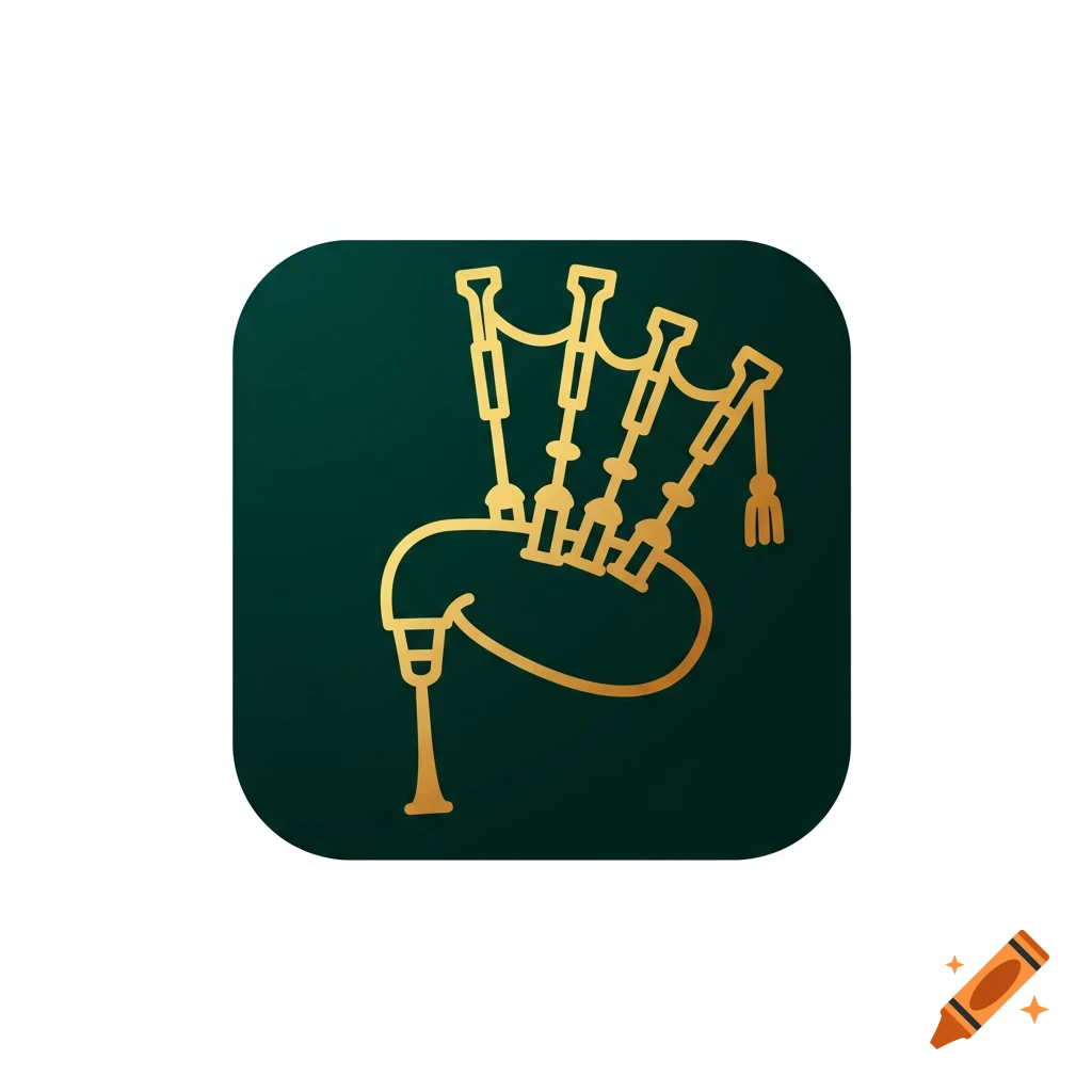 A stylized golden outline of bagpipes on a dark green rounded square background.
