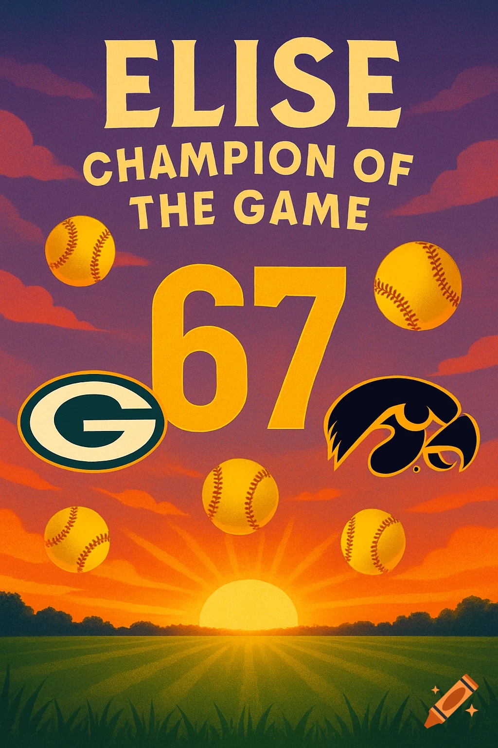A vibrant poster with a sunset over a field, featuring "ELISE CHAMPION OF THE GAME" and "67" in large yellow text, surrounded by softballs, a Green Bay Packers logo, and a Hawkeyes logo.