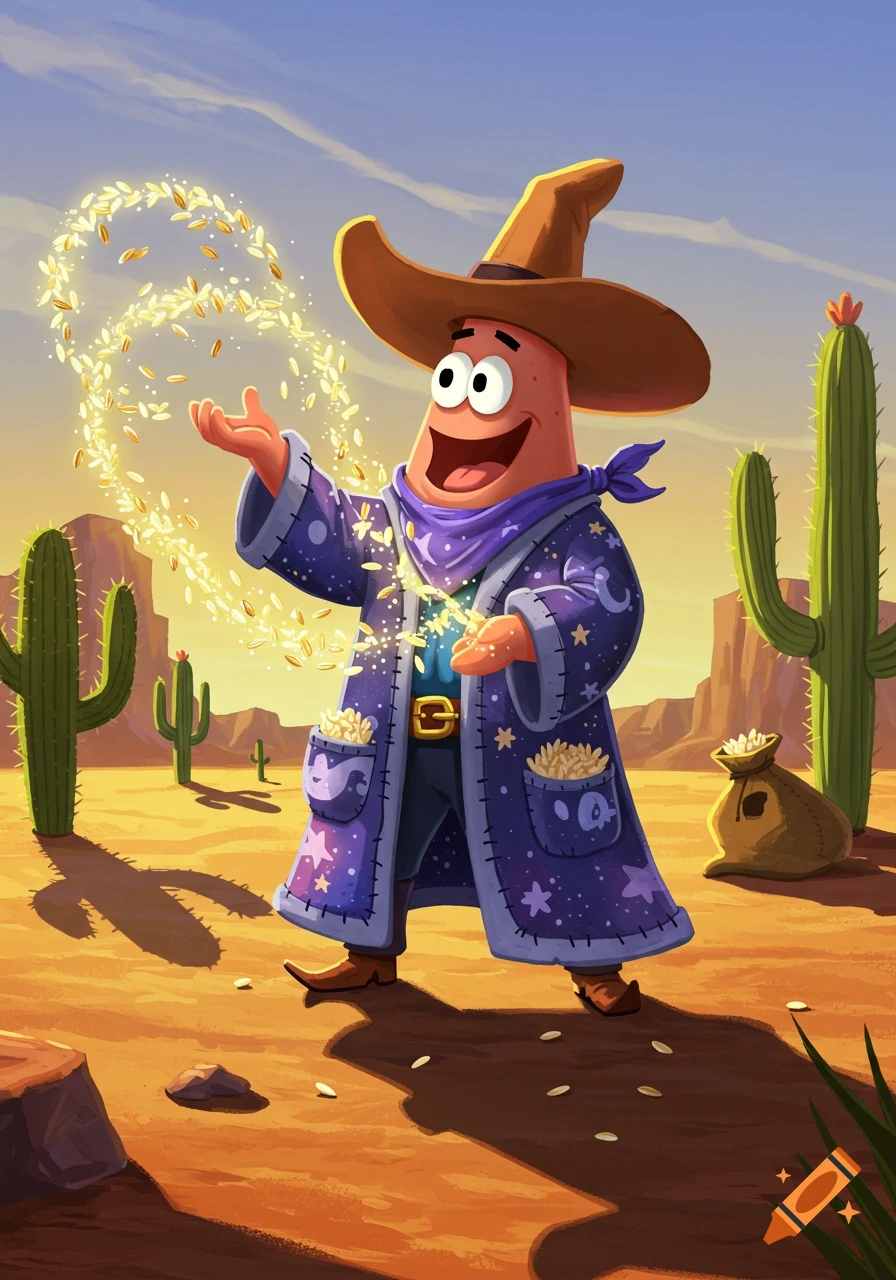 Patrick Star, dressed as a wizard-cowboy, casts a spell with golden rice in a desert with cacti. Cartoon illustration.