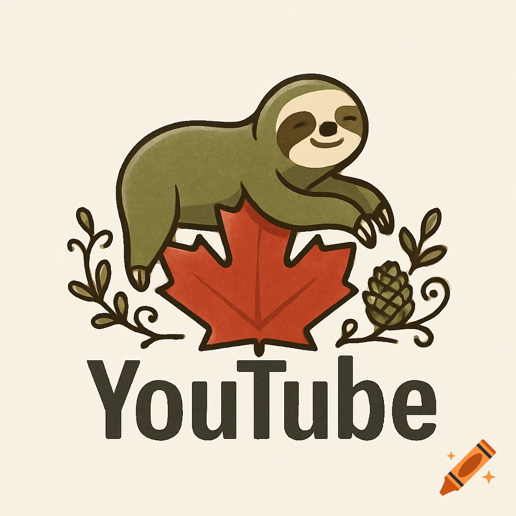 Cartoon sloth resting on a red maple leaf, with a pinecone and branches, above the word "YouTube" in a logo style.