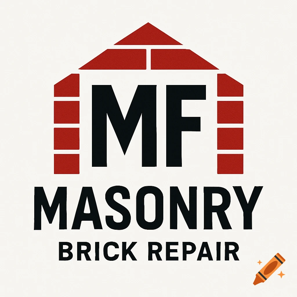 Red, black, and white logo for MF Masonry Brick Repair, featuring bold 'MF' initials within a red brick house outline.