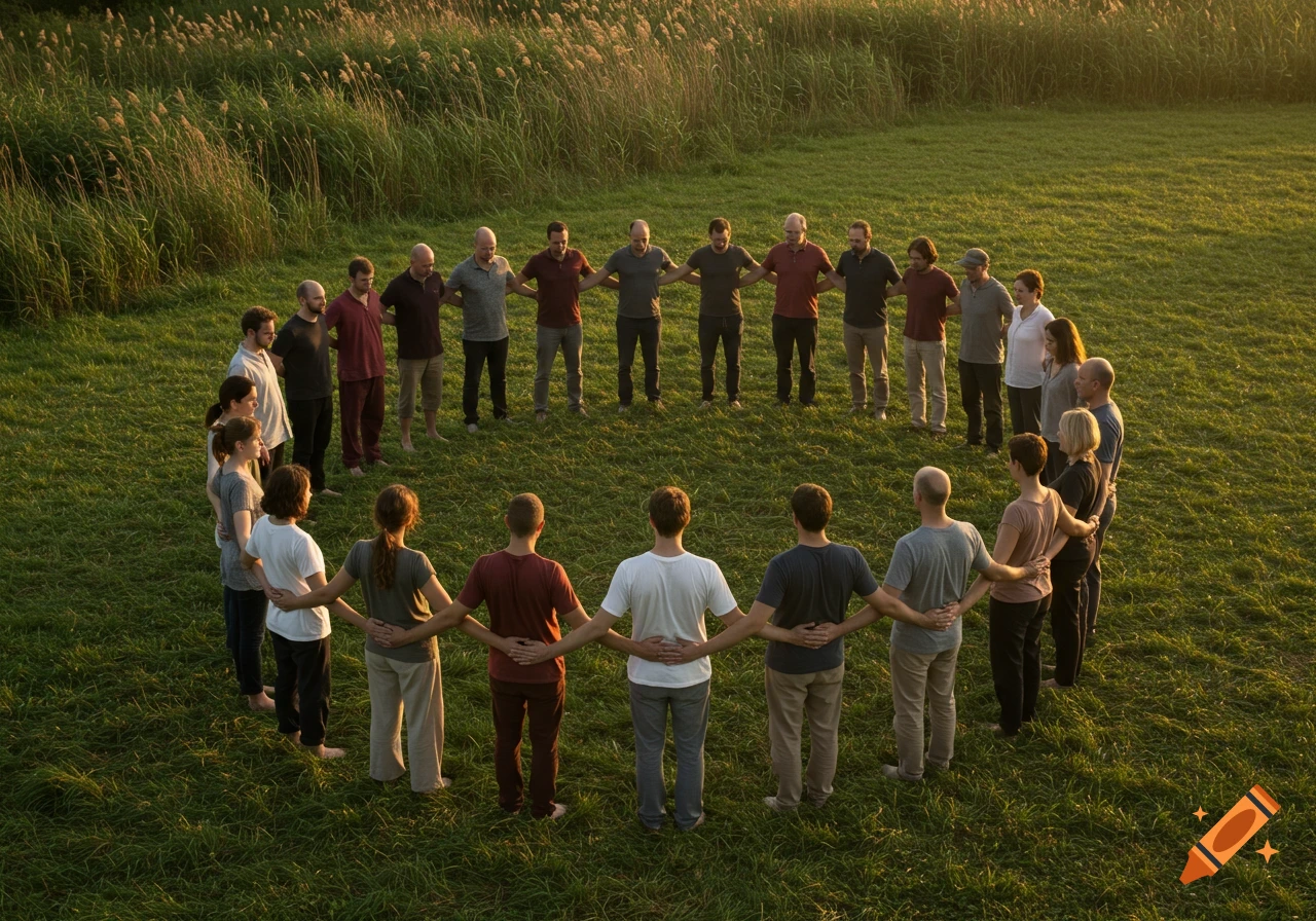 A group of people standing in a circle, arms linked, facing inwards in a sunlit grassy field.