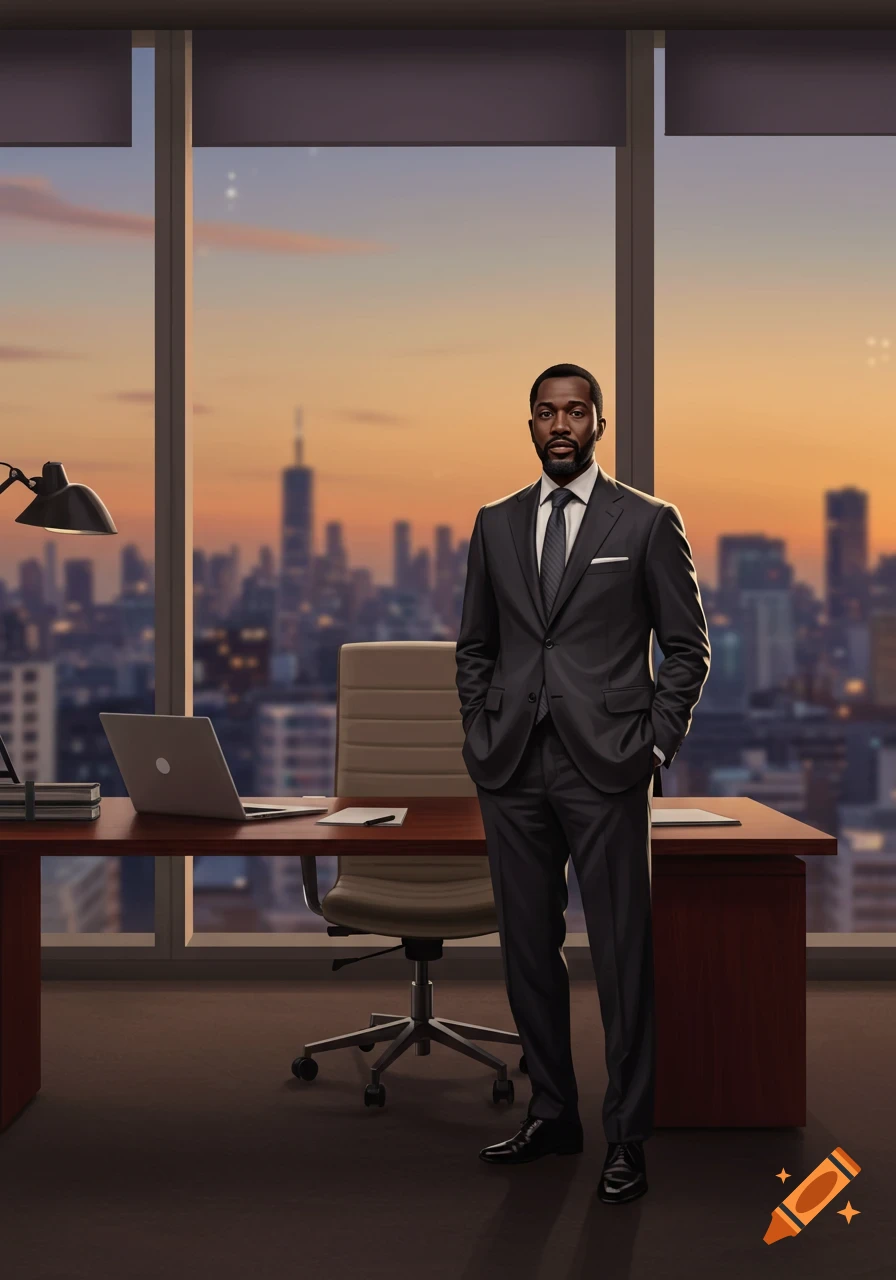 A professional Black man in a dark suit stands in an office with a city skyline at sunset visible through a large window.