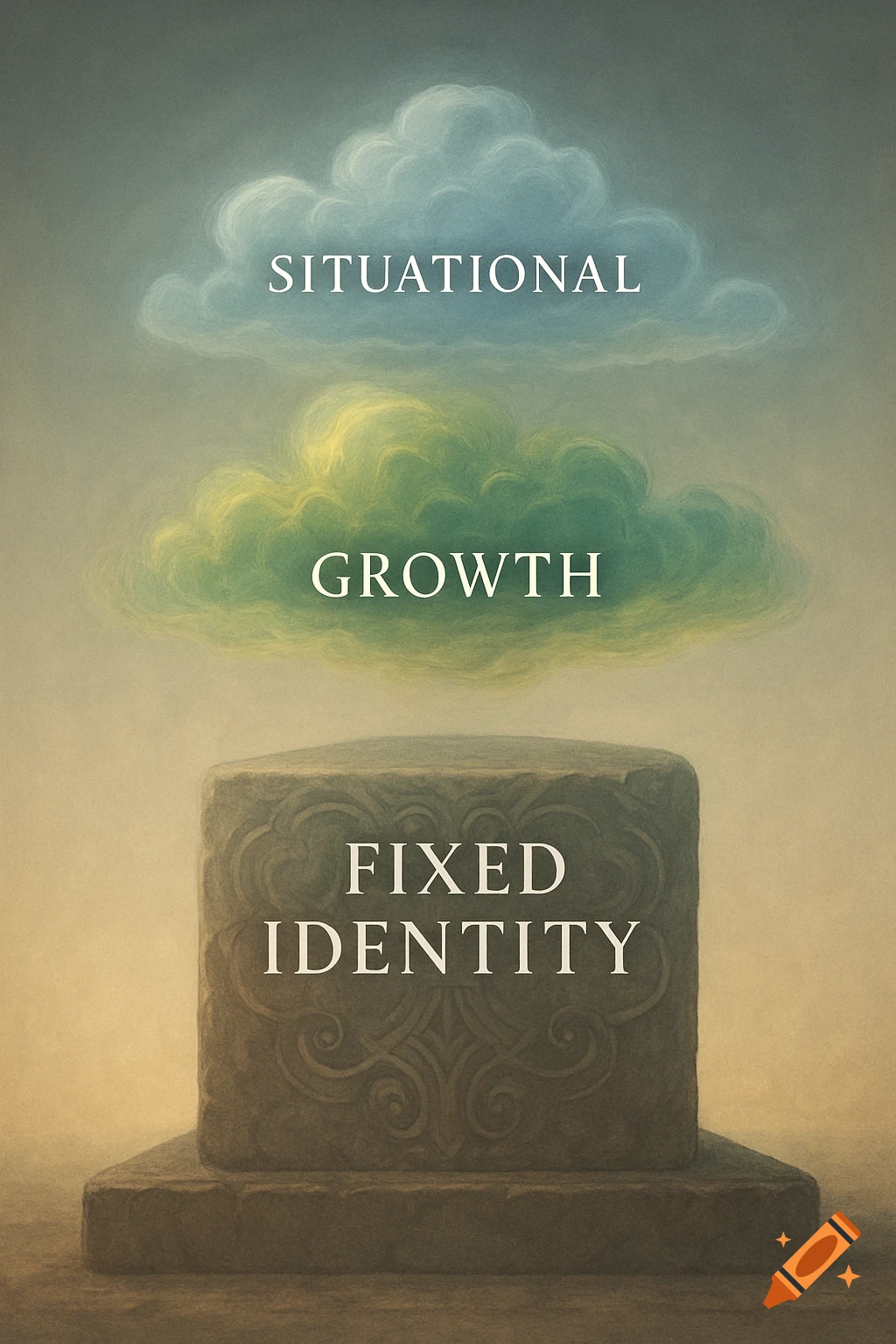 A textured painting of a stone block labeled 'FIXED IDENTITY' below a green cloud with 'GROWTH' and a blue cloud with 'SITUATIONAL'.