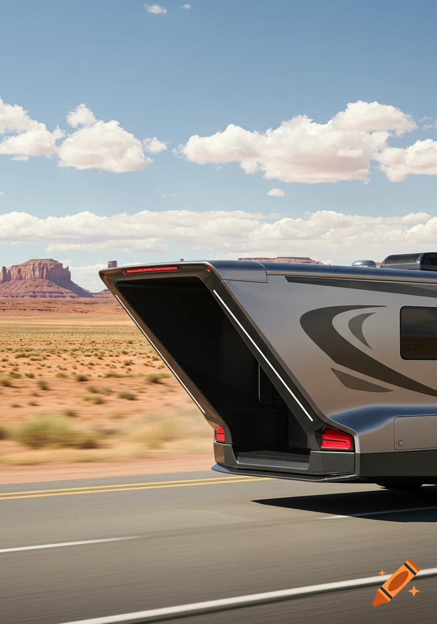 A modern, grey RV with an open rear ramp drives on a desert road with mountains under a cloudy sky.
