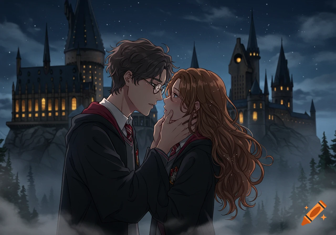 Anime drawing of a boy with glasses and a girl in Hogwarts robes gazing intimately at night with the castle in the background.