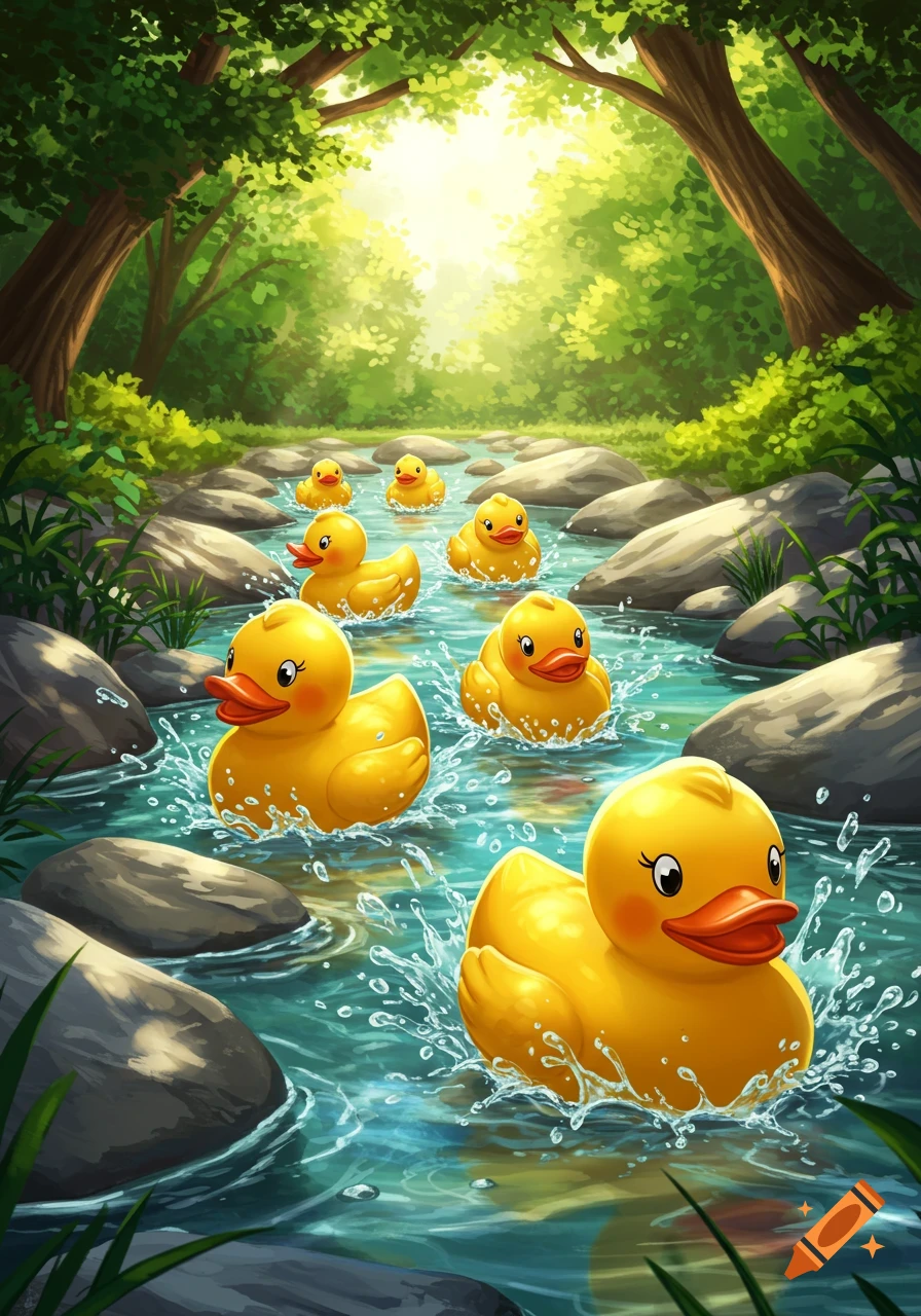 Cartoon-style illustration of many yellow rubber ducks racing down a sunlit stream through a lush green forest.