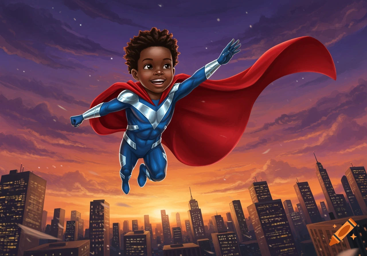 A smiling little black boy superhero in blue and red flies over a city at sunset. Cartoon illustration.
