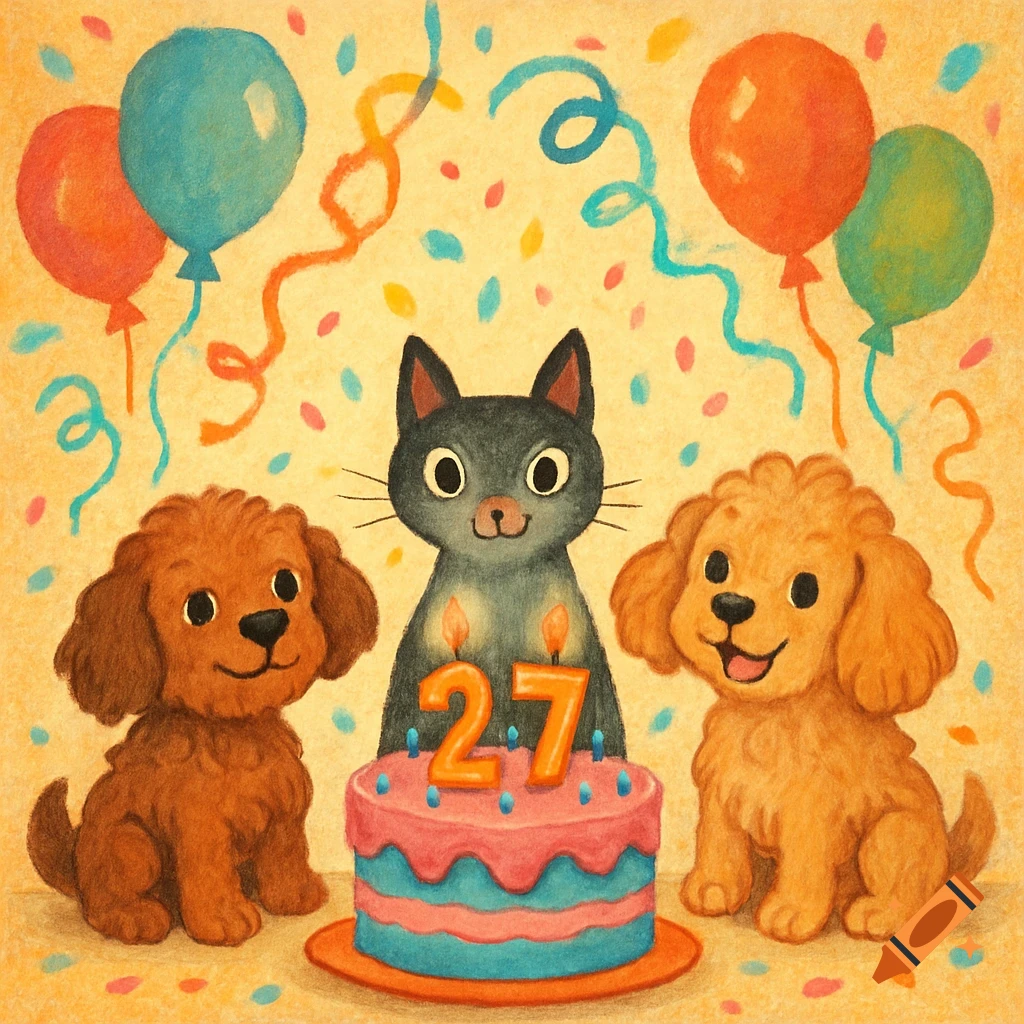 Whimsical cartoon of a black cat and two brown cavoodle dogs celebrating a birthday with a '27' cake, balloons, and confetti.