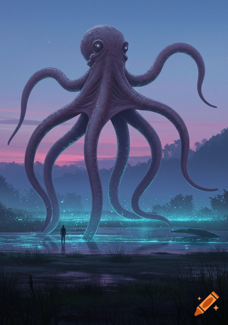 A colossal, dark purple octopus-like creature looms over a small figure standing in glowing blue water at twilight, surrounded by trees.