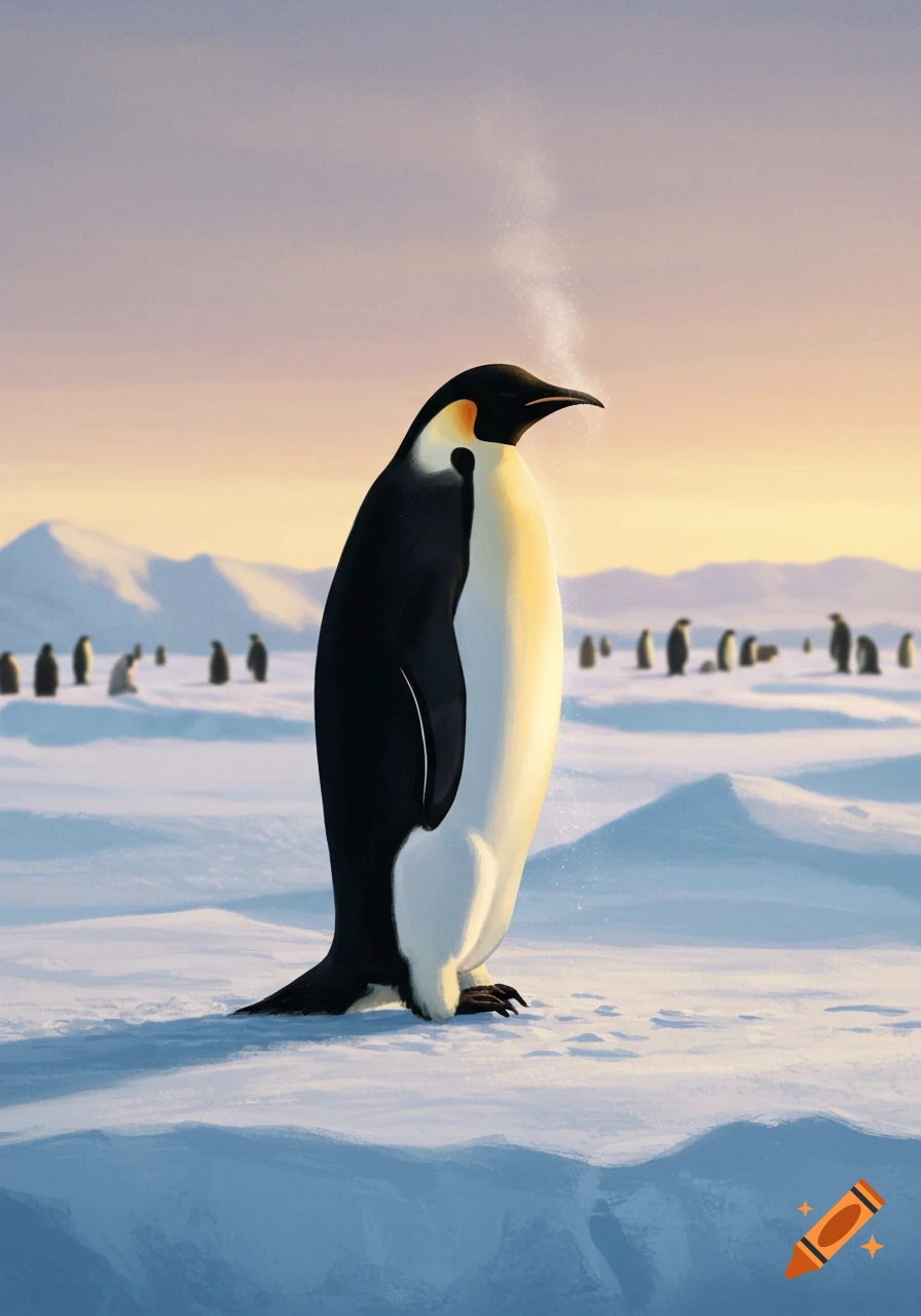 A majestic emperor penguin stands on snow with mountains and other penguins in the distance under a warm, pastel sky.