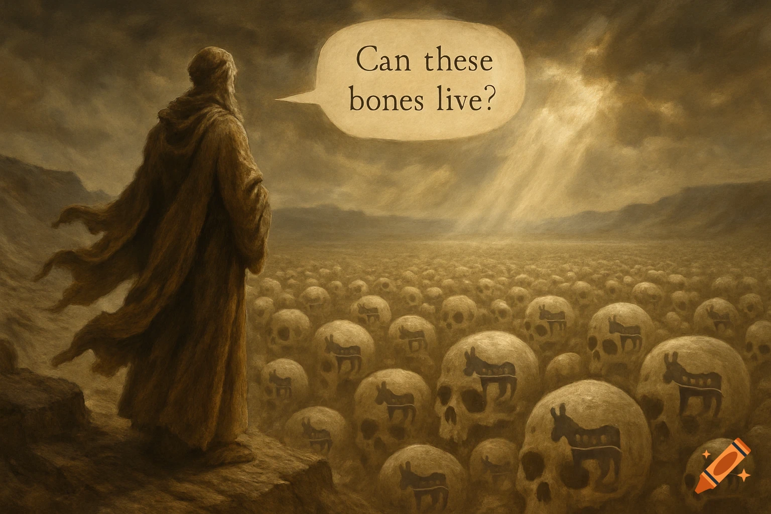 A robed figure resembling Ezekiel stands on a cliff, looking over a desolate, stormy valley filled with skulls, some bearing a donkey symbol. A speech bubble above him asks, "Can these bones live?"