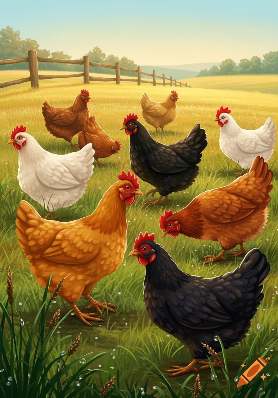 Nine illustrative chickens of different colors in a sunlit green and golden field with a wooden fence.