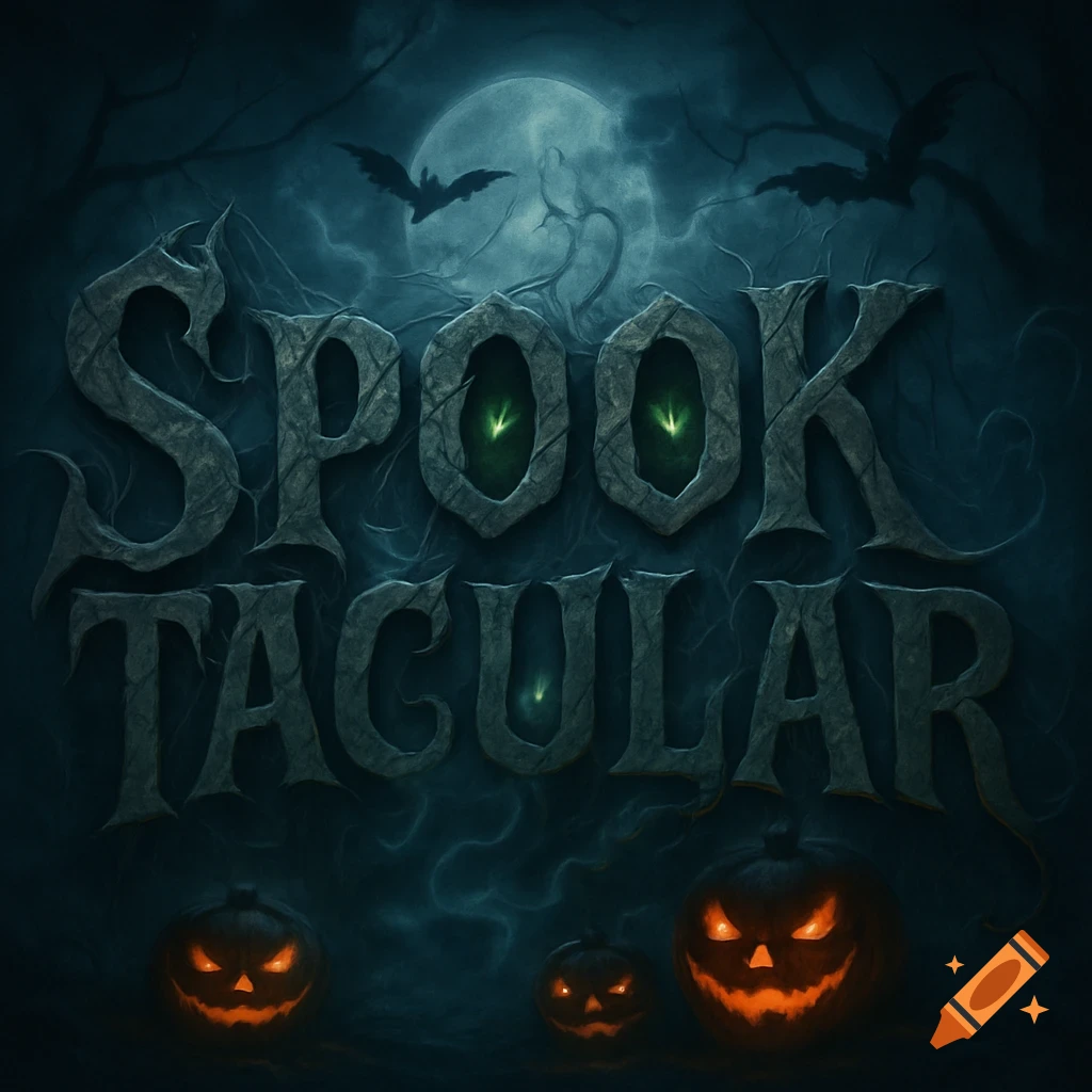 Spooky text 'SPOOKTACULAR' with glowing eyes, set against a full moon, bats, gnarled trees, and three glowing jack-o'-lanterns.