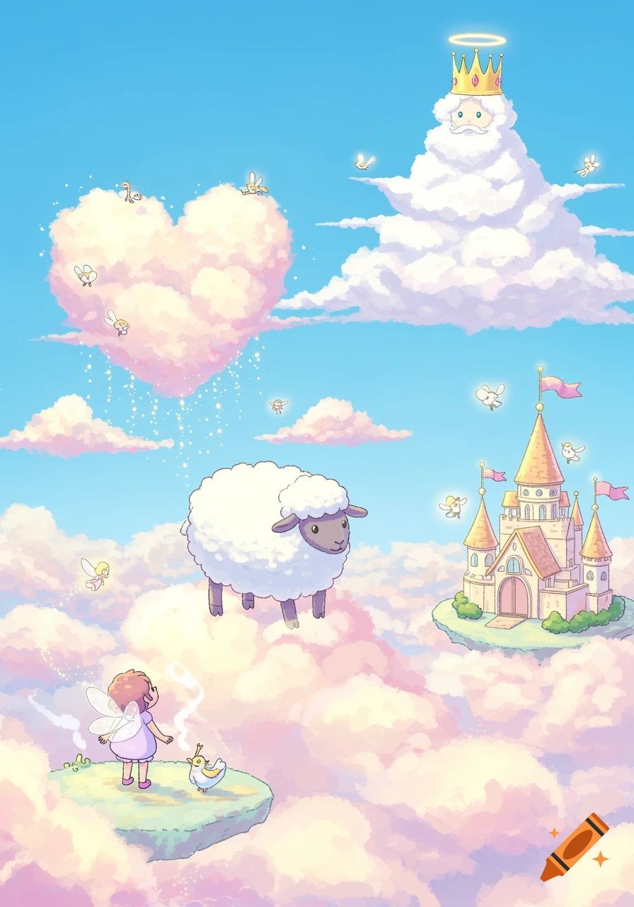A whimsical cartoon sky kingdom with pastel clouds, a cloud king, a flying sheep, a castle, a fairy girl, and tiny flying creatures.