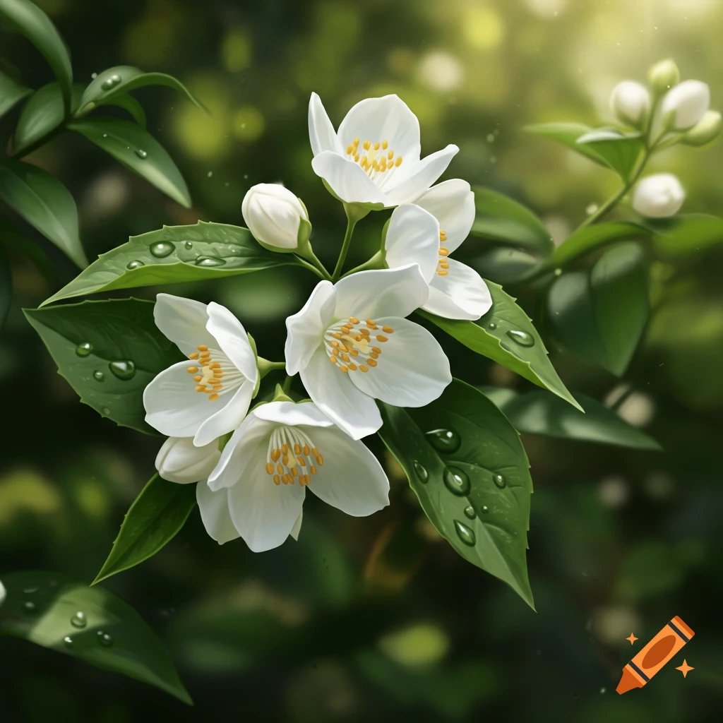 Close-up of white jasmine flowers with yellow centers and green leaves covered in water droplets, bathed in sunlight.