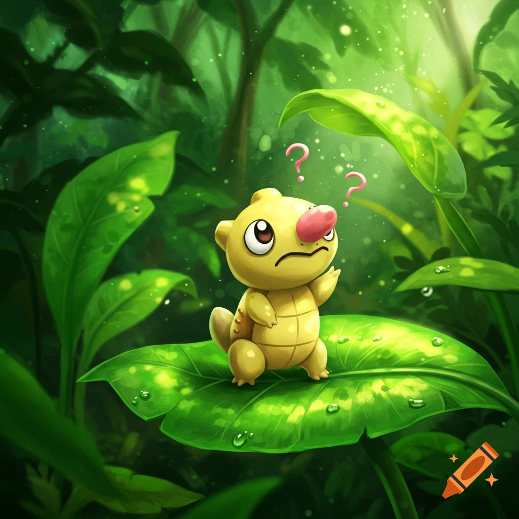 A confused yellow creature resembling a Weedle with a pink nose and question marks overhead, sitting on a leaf in a lush jungle.