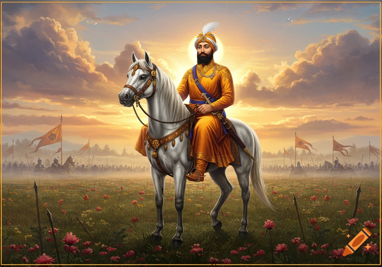 Guru Gobind Singh Ji on a white horse, wearing orange attire, with a Sikh army and flags in a flower-filled field at sunset.