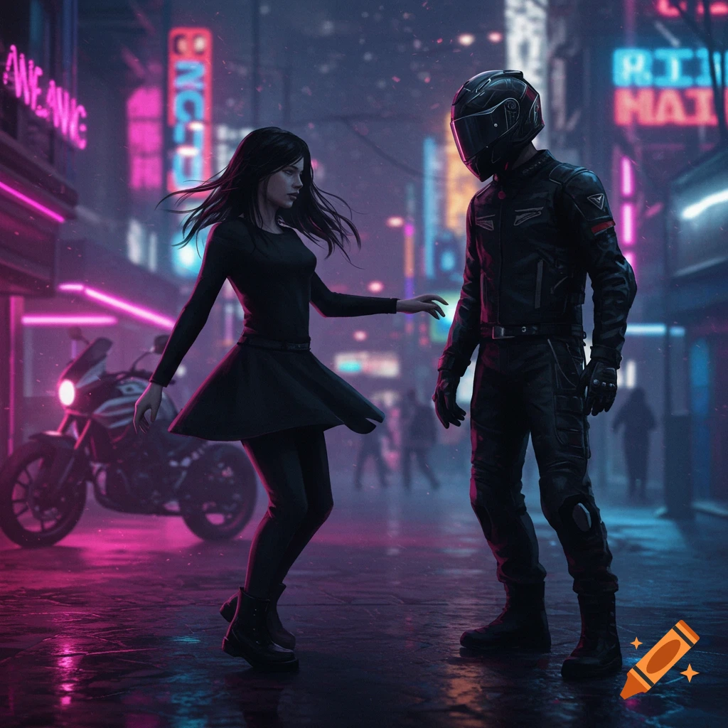 A woman reaching towards a biker in a neon-lit cyberpunk city street at night, with a motorcycle in the background.