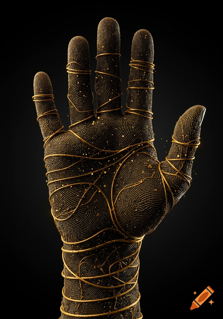 Close-up of an abstract hand sculpture textured with fingerprints, wrapped in shimmering golden threads, against a dark background.