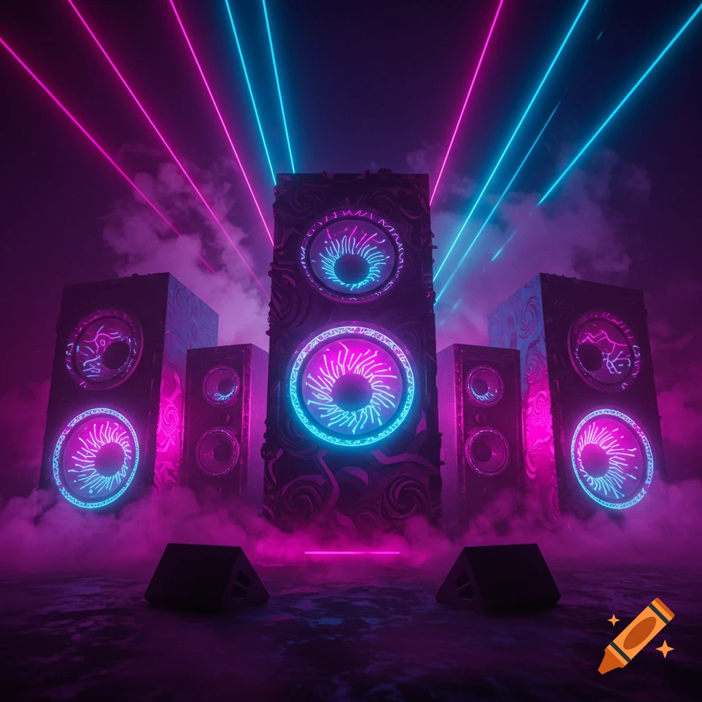 Large rave speakers with neon pink and blue lights, surrounded by smoke and laser beams in a futuristic digital art style.