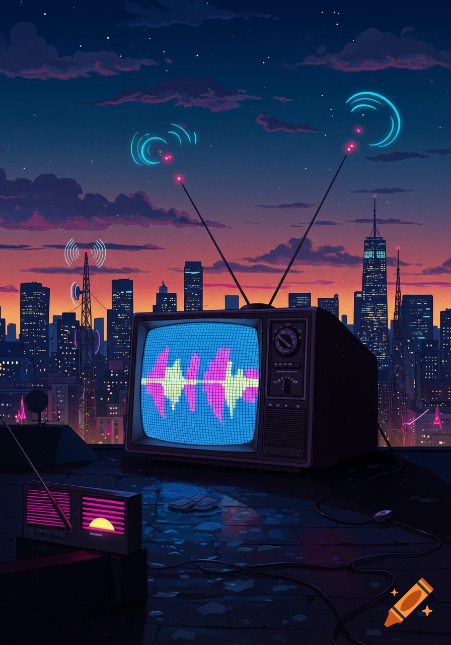 A retro TV and radio on a city rooftop at dusk, with a sound wave on the TV screen, in a vaporwave style.