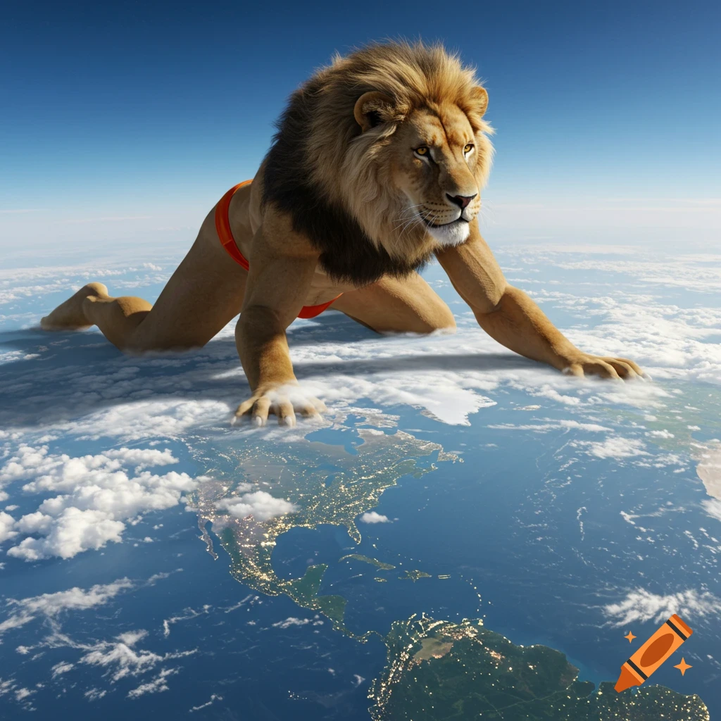 Gigantic photorealistic anthropomorphic lion in an orange speedo kneeling above North America and clouds, towering into the blue sky.