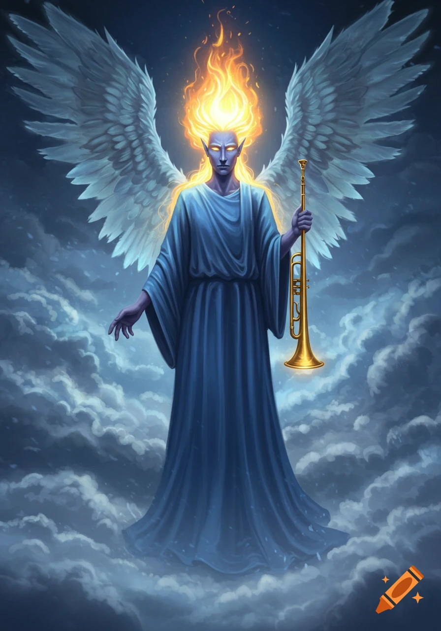 A powerful androgynous angelic being with fiery hair, blue skin, large white wings, and a golden trumpet stands in a cloudy sky.