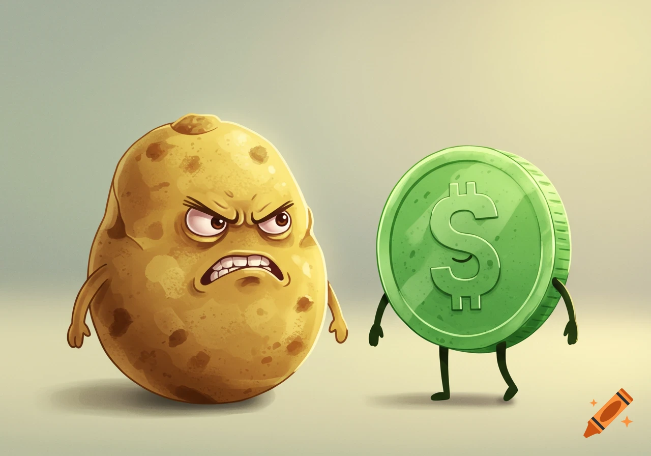 An angry cartoon potato glares at a green dollar coin with limbs in a stylized illustration.