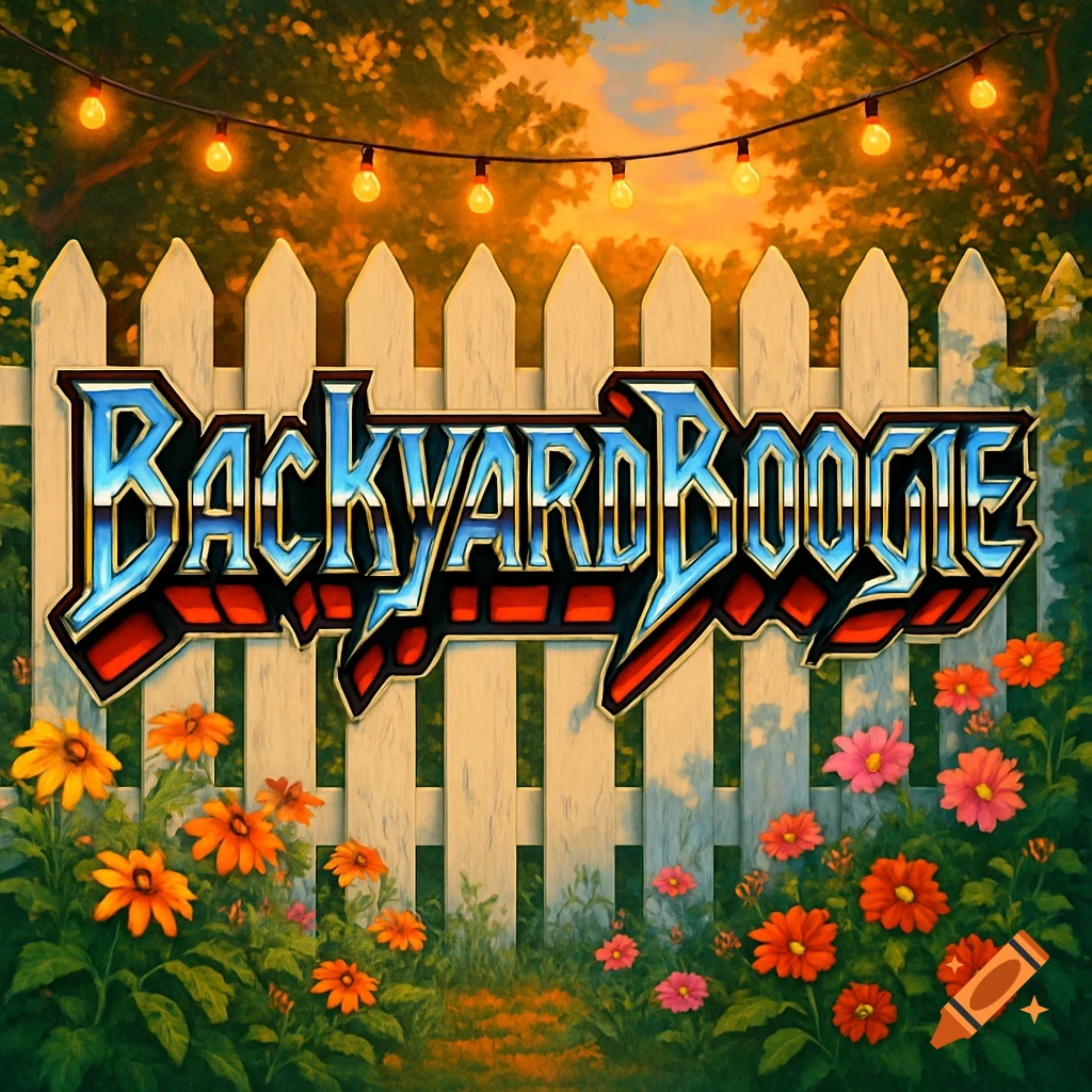 Stylized 'BackyardBoogie' text on a white picket fence, with colorful flowers and string lights, under a sunset sky.
