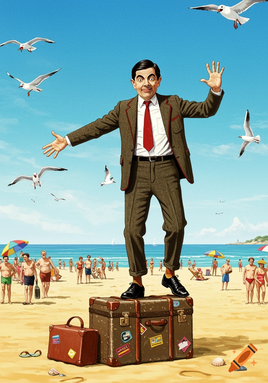 Illustrative image of Mr. Bean, with a surprised expression, standing on large suitcases on a crowded beach with seagulls flying overhead.