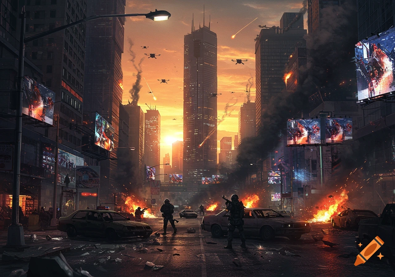 A war-torn metropolitan city at sunset with soldiers, burning buildings, damaged cars, missiles, and drones, in a digital art style.