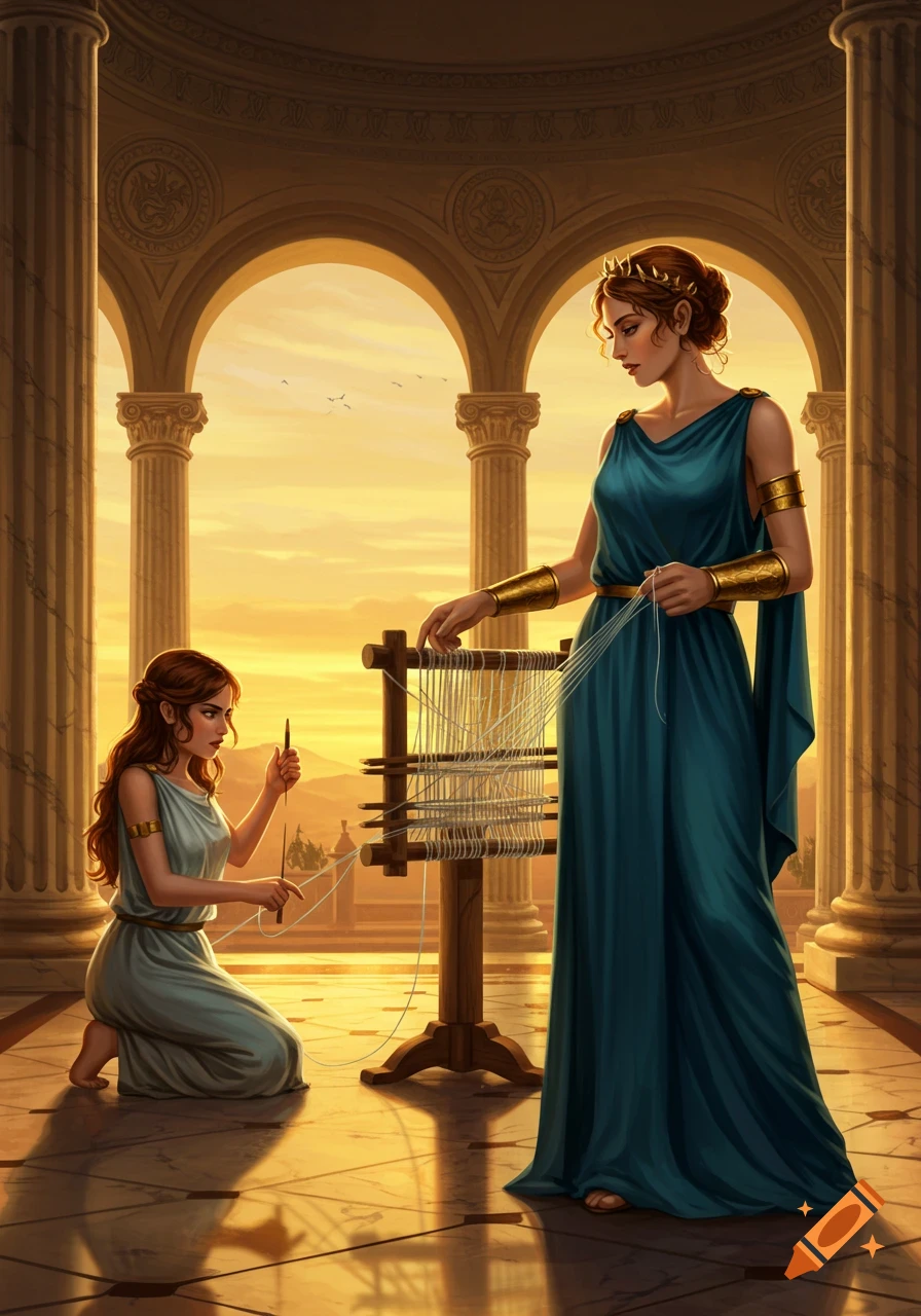 A goddess and a girl in classical robes weave on a loom in an ornate arched hall at sunset, golden light illuminating them.