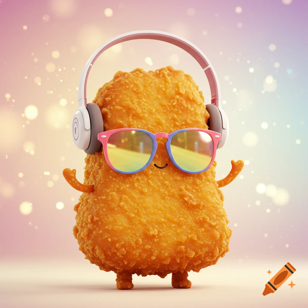 A cutesy, crispy chicken nugget cartoon character wearing pink headphones and colorful sunglasses on a pastel bokeh background.