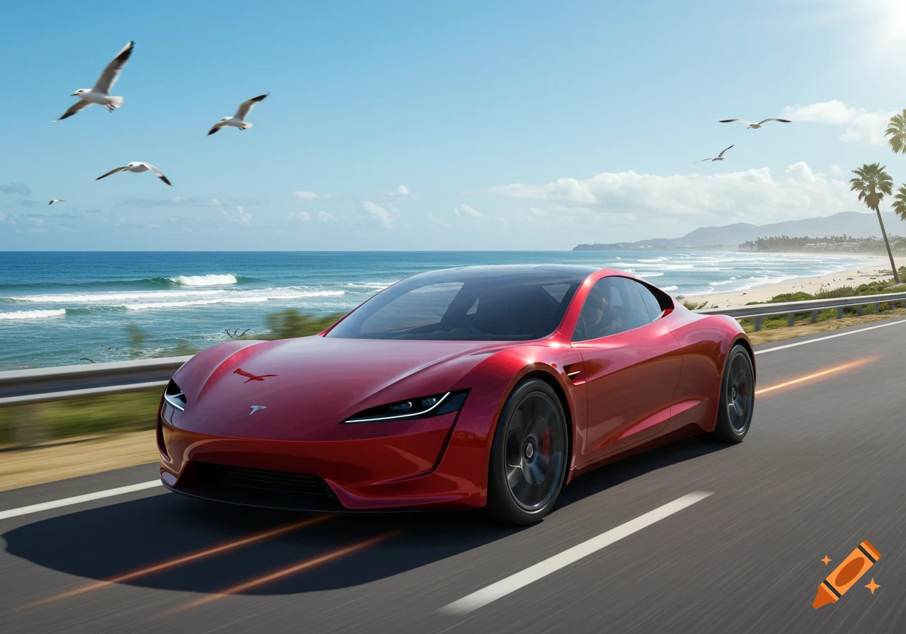 A red Tesla Roadster speeds down a coastal highway on a sunny day with seagulls flying over the ocean.