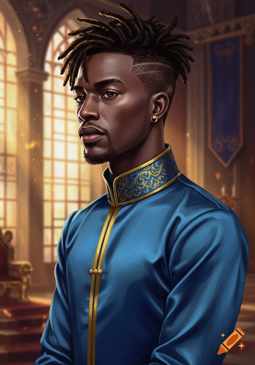 An illustrated portrait of a handsome African man with dreadlocks, wearing a blue silk noble's tunic with gold trim, in a grand hall.