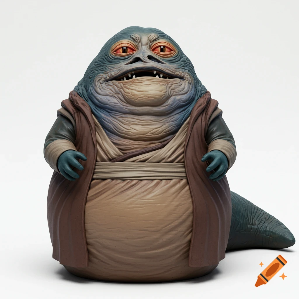 Photorealistic tabletop model of Jabba the Hutt with blue-green skin, red eyes, and brown robes on a white background.