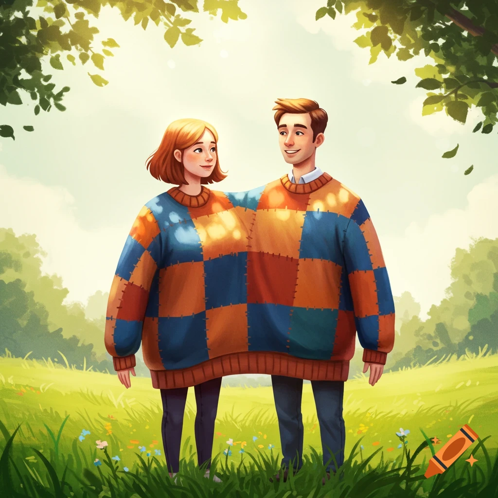 An illustration of a man and a woman in a whimsical two-person checkered sweater, standing in a grassy field with trees.