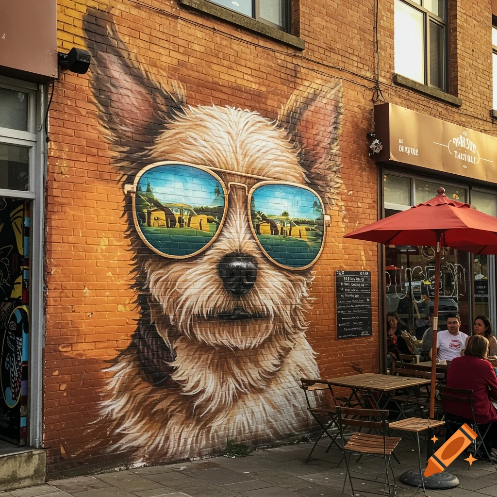 Photorealistic mural of a dog wearing sunglasses on an orange brick cafe wall with outdoor seating.