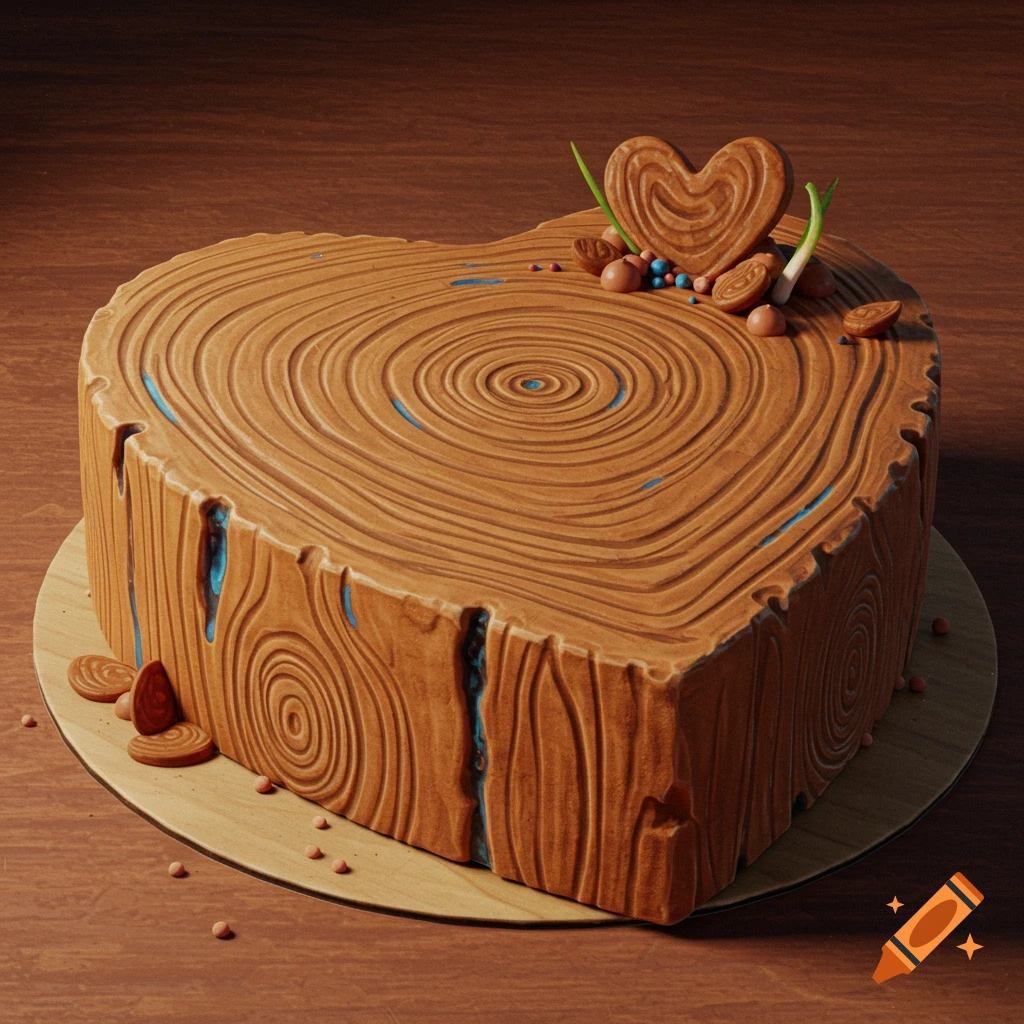 A heart-shaped cake with realistic wood grain texture and blue accents, topped with a smaller heart decoration and small round candies on a wooden table.